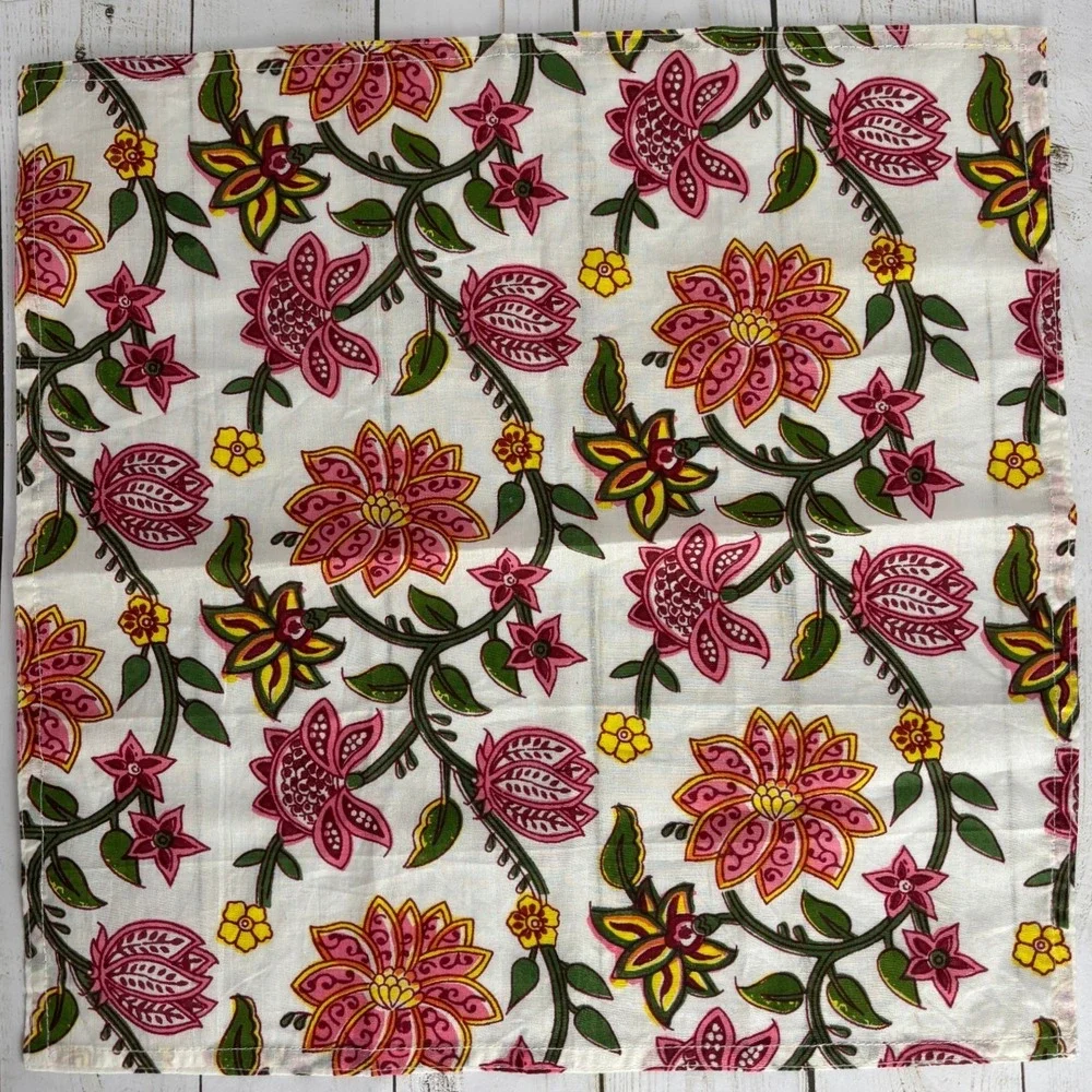 Set of 4 Handmade Floral Block Print Cotton Napkins Boho Bandana 16x16 2451